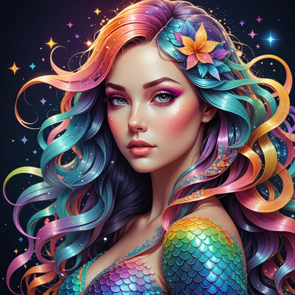 Ethereal Mermaid in Vibrant Fractal Landscape