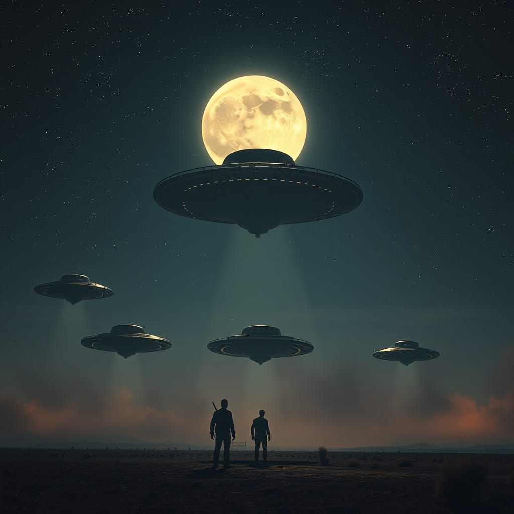 Surreal Alien Invasions Under a Full Moon in Cyberpunk Style