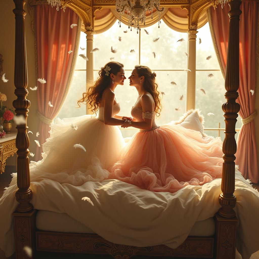 Whimsical Pillow Fight on Lavish Bed: Fantasy Concept Art