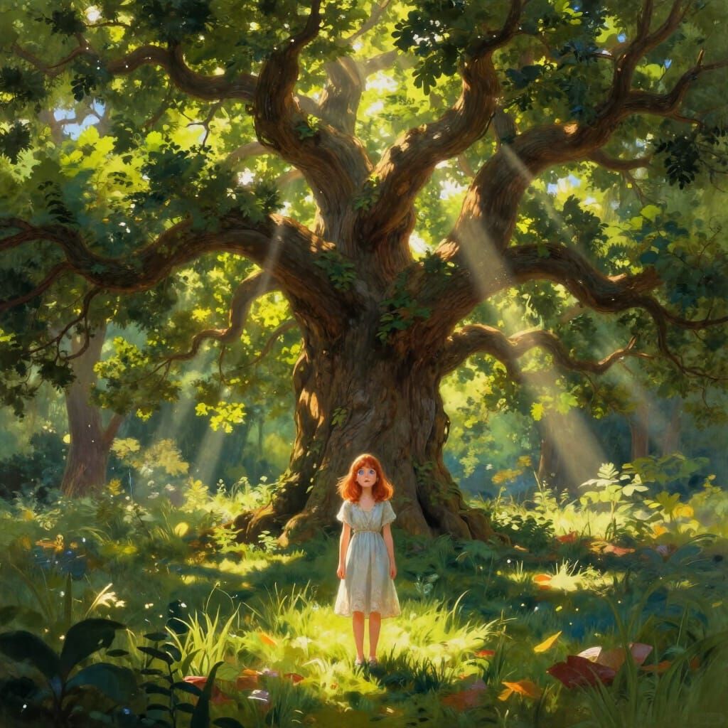 Young Woman in Sun-Dappled Forest Clearing