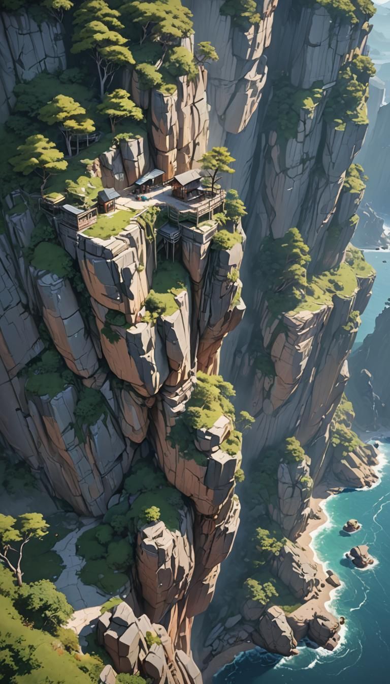 Detailed 3D Anime Cliffside Concept Art