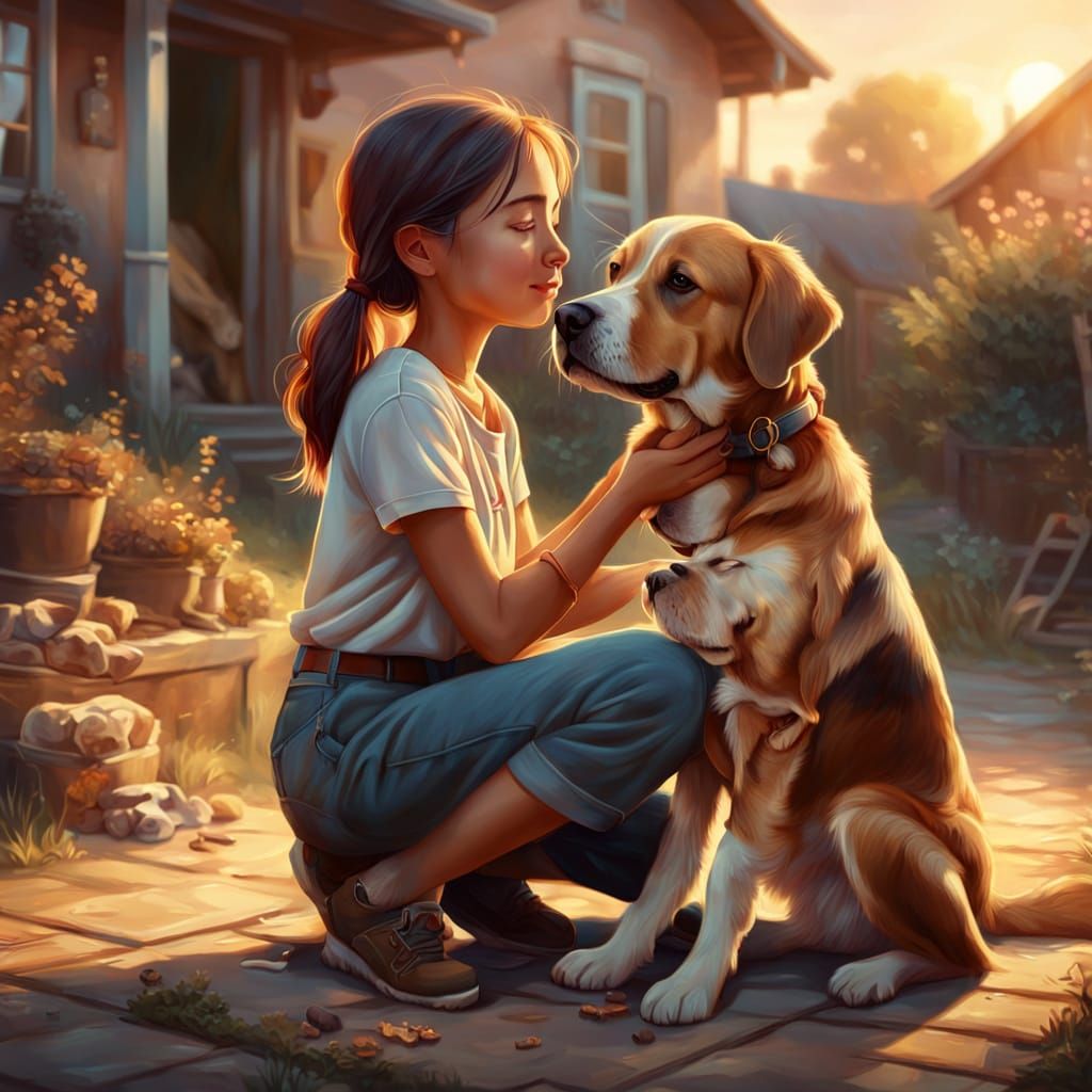 Girl Hugs Dog in Heartwarming Oil Painting