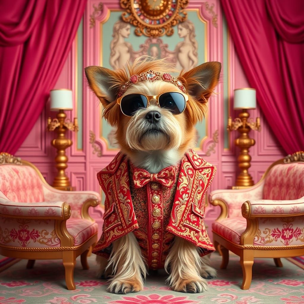 Glamorous Dog in Wes Anderson's Whimsical Style