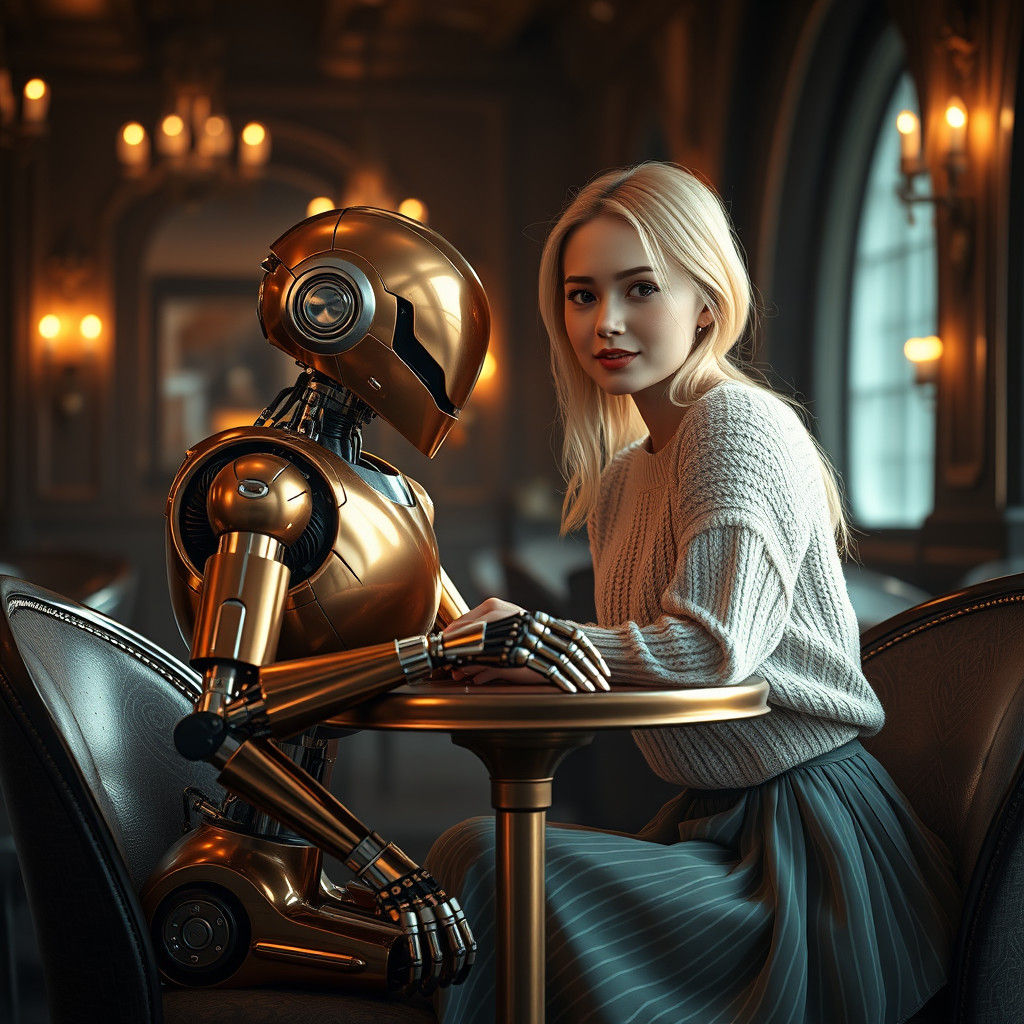 Woman and Robot in Restaurant, Syd Mead Aesthetic