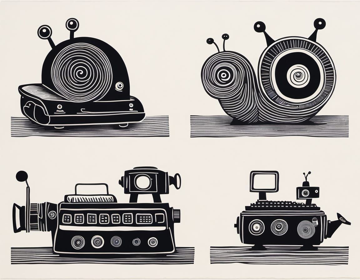 Minimalist Linocut Triptych: Snail, Typewriter, Robot