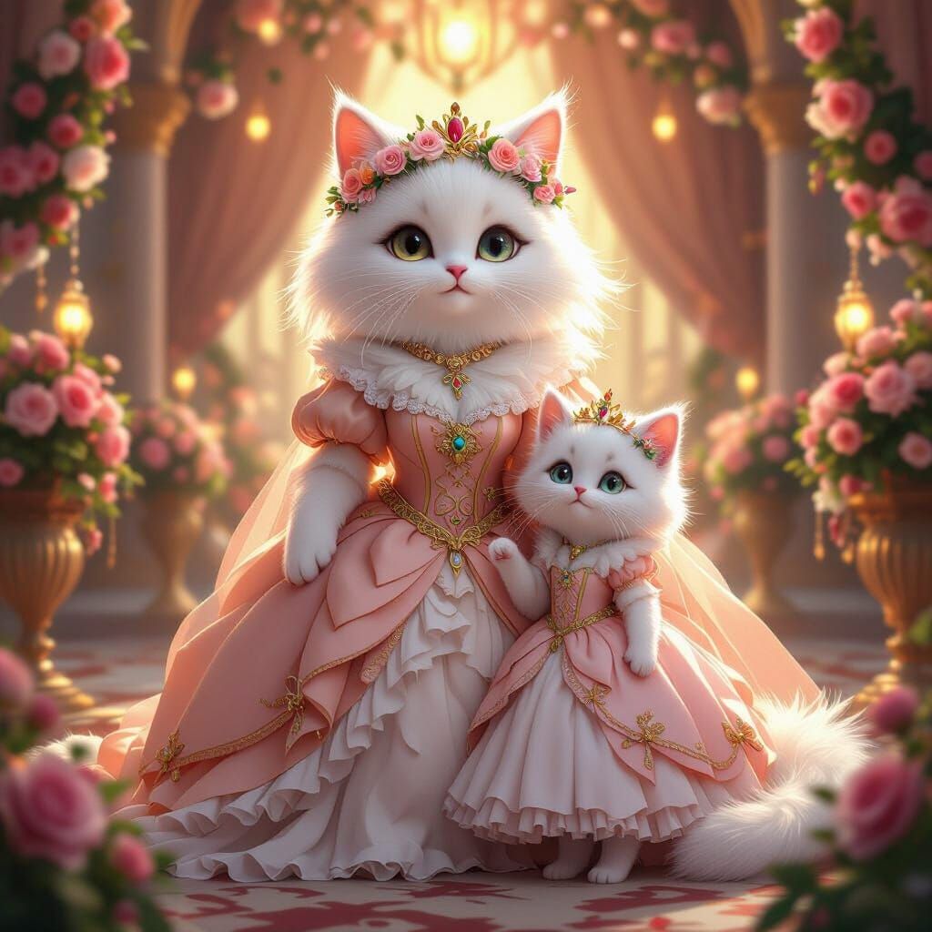 Mother Cat and Kitten in Fantasy Ballroom: 3D Anime Art