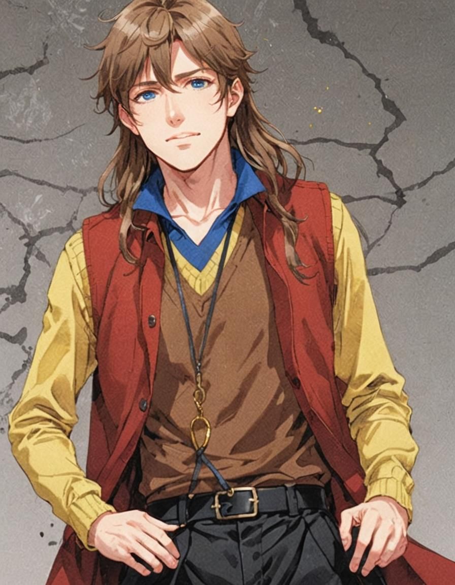 A young man with long, caramel-brown hair and blue eyes. He ...