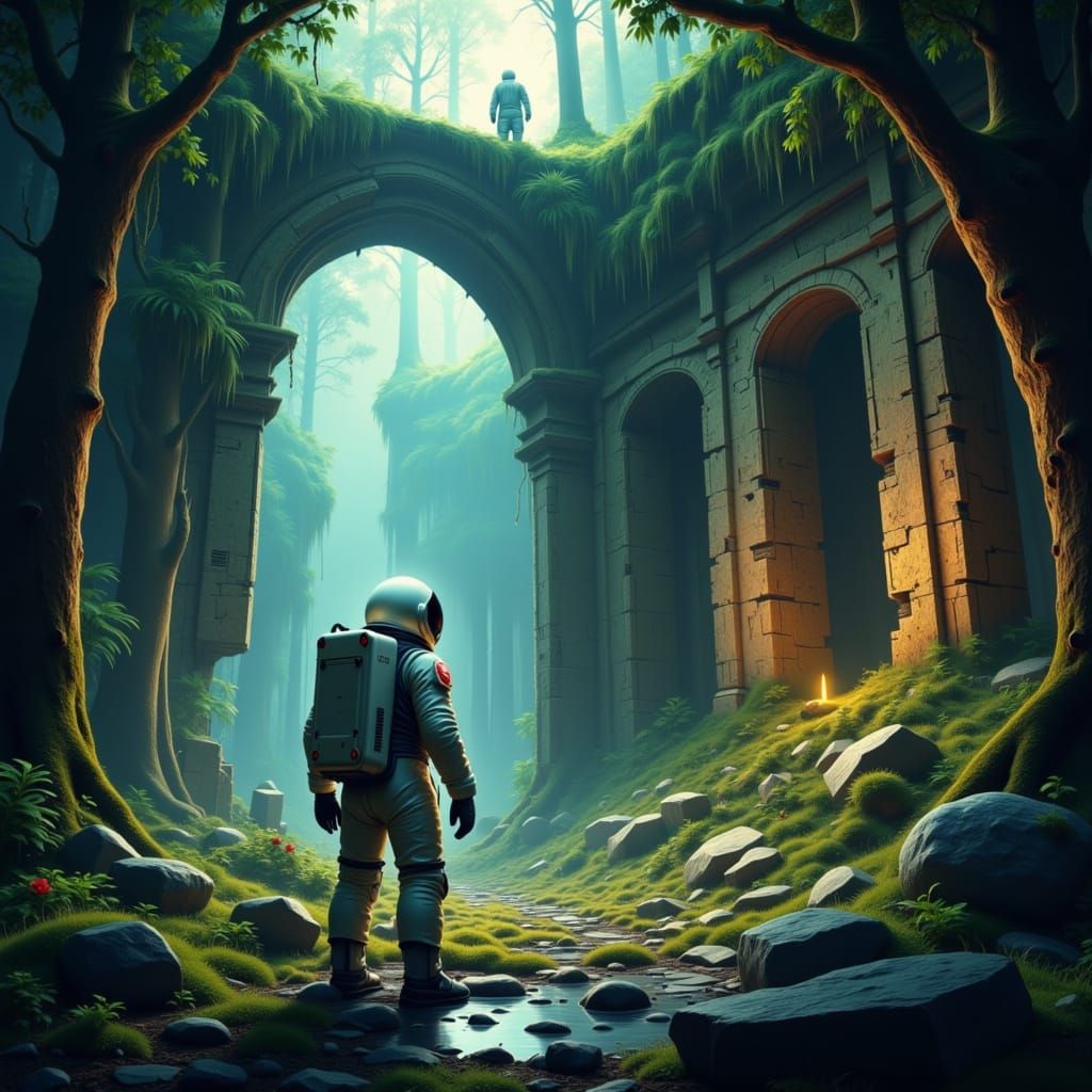 Astronaut Finds Ancient Glowing Ruins in Enchanted Forest