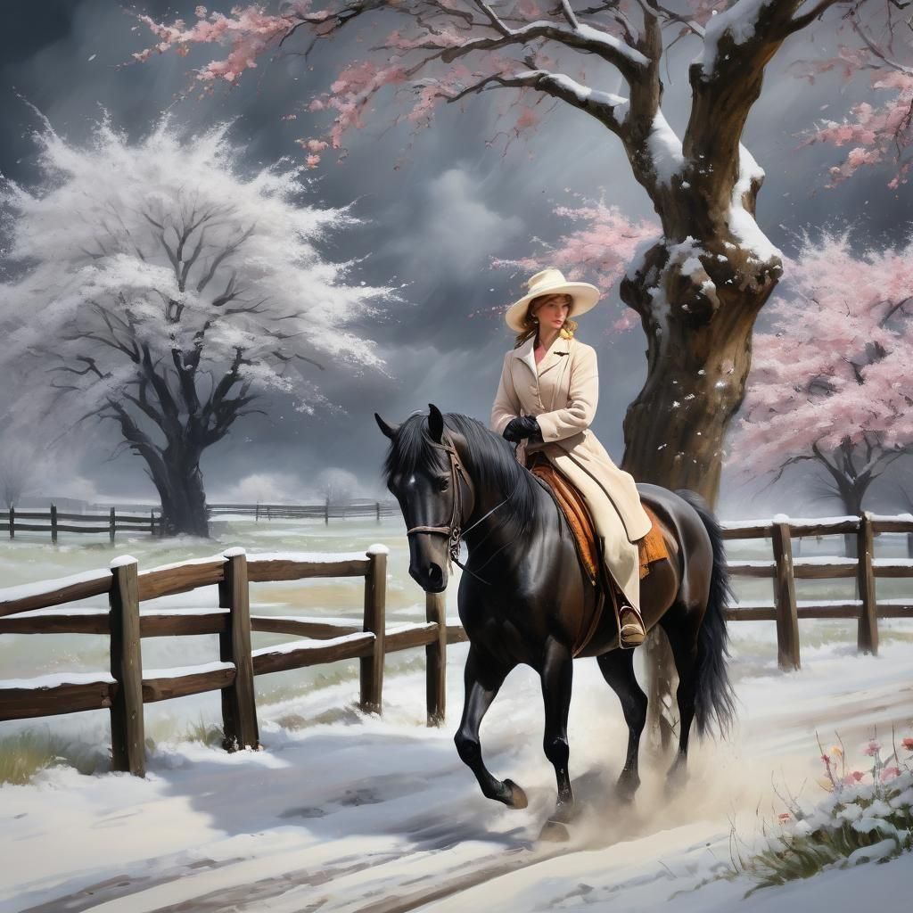 Oil Painting, swirling snow blizzard and wind, wooden pole f...