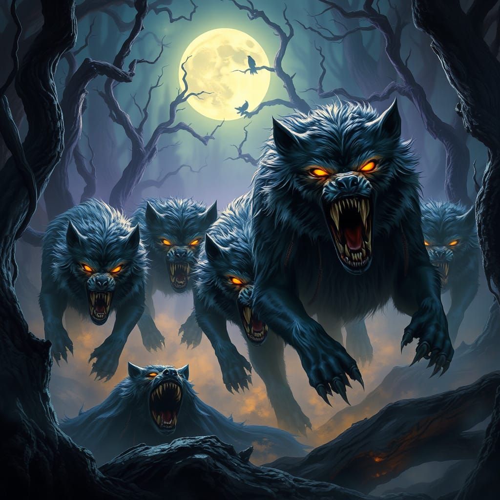 Dark Fantasy Werewolf Hunt in a Moonlit Forest