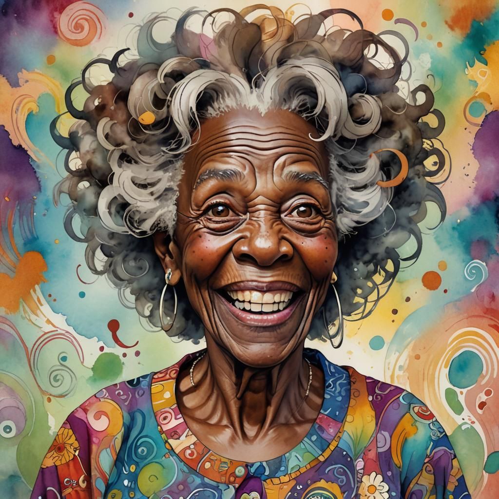 Whimsical Old Lady Portrait in Watercolor Style
