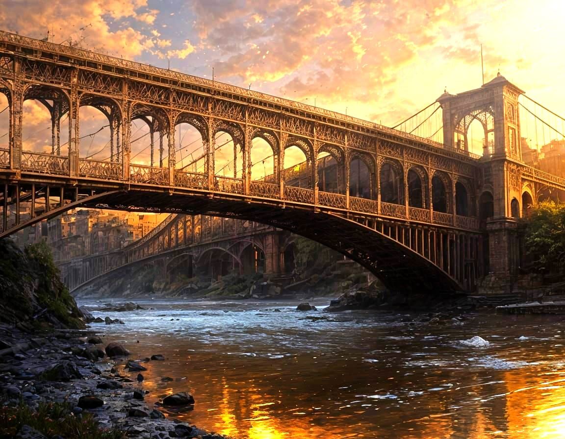 Sunset Over Old Iron Bridge: Matte Painting