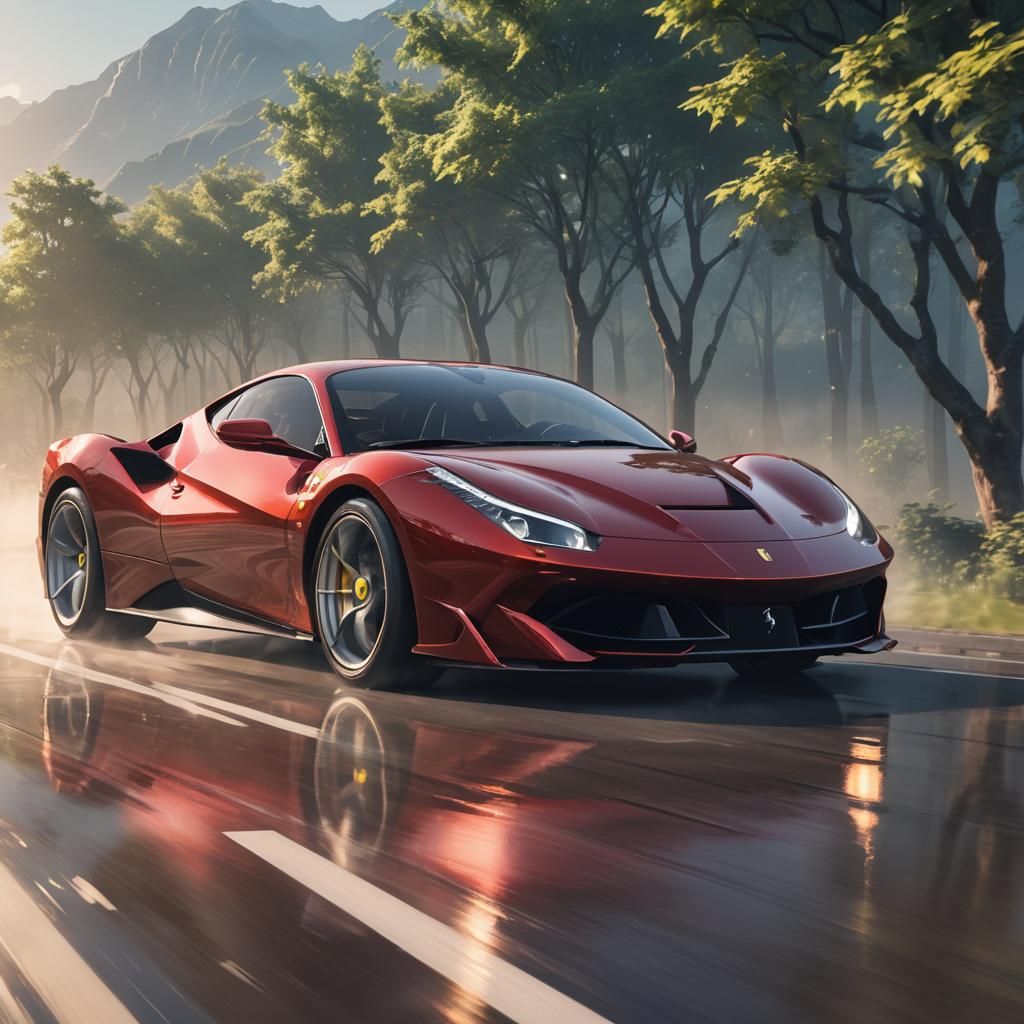 Futuristic Ferrari in Sunlit Landscape: 3D Anime Art