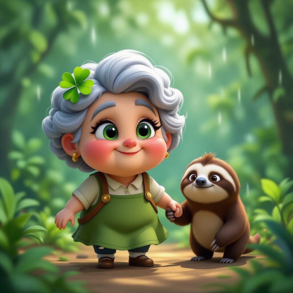 Grandma with Clover and Sloth in Rainforest