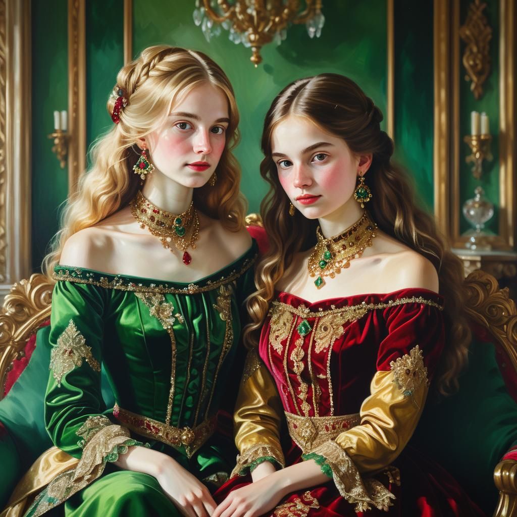 Sisters in Emerald and Ruby: Baroque Oil Painting