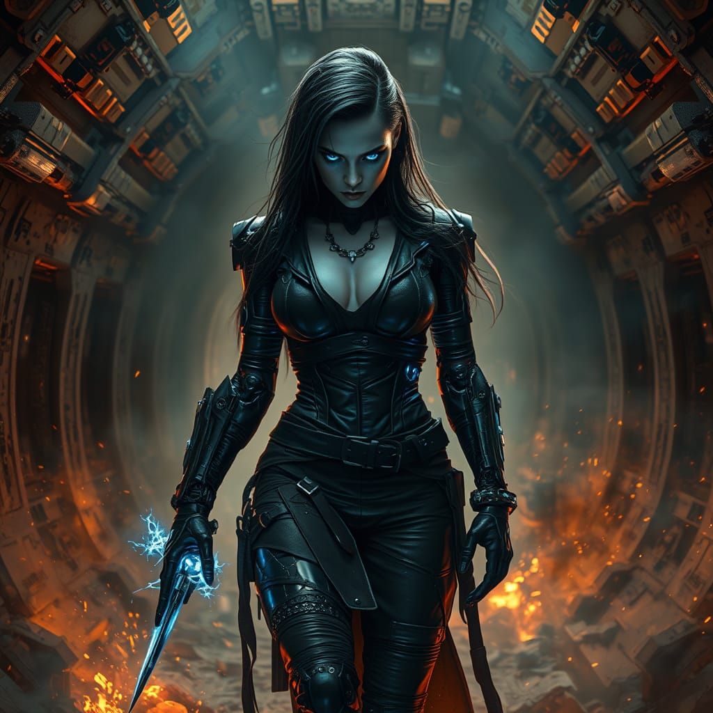 Cybernetic Warrior Emerges from Darkness in Cyberpunk Style