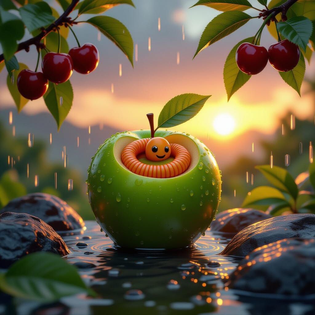 Worm's Delight: 3D Apple Paradise at Sunset