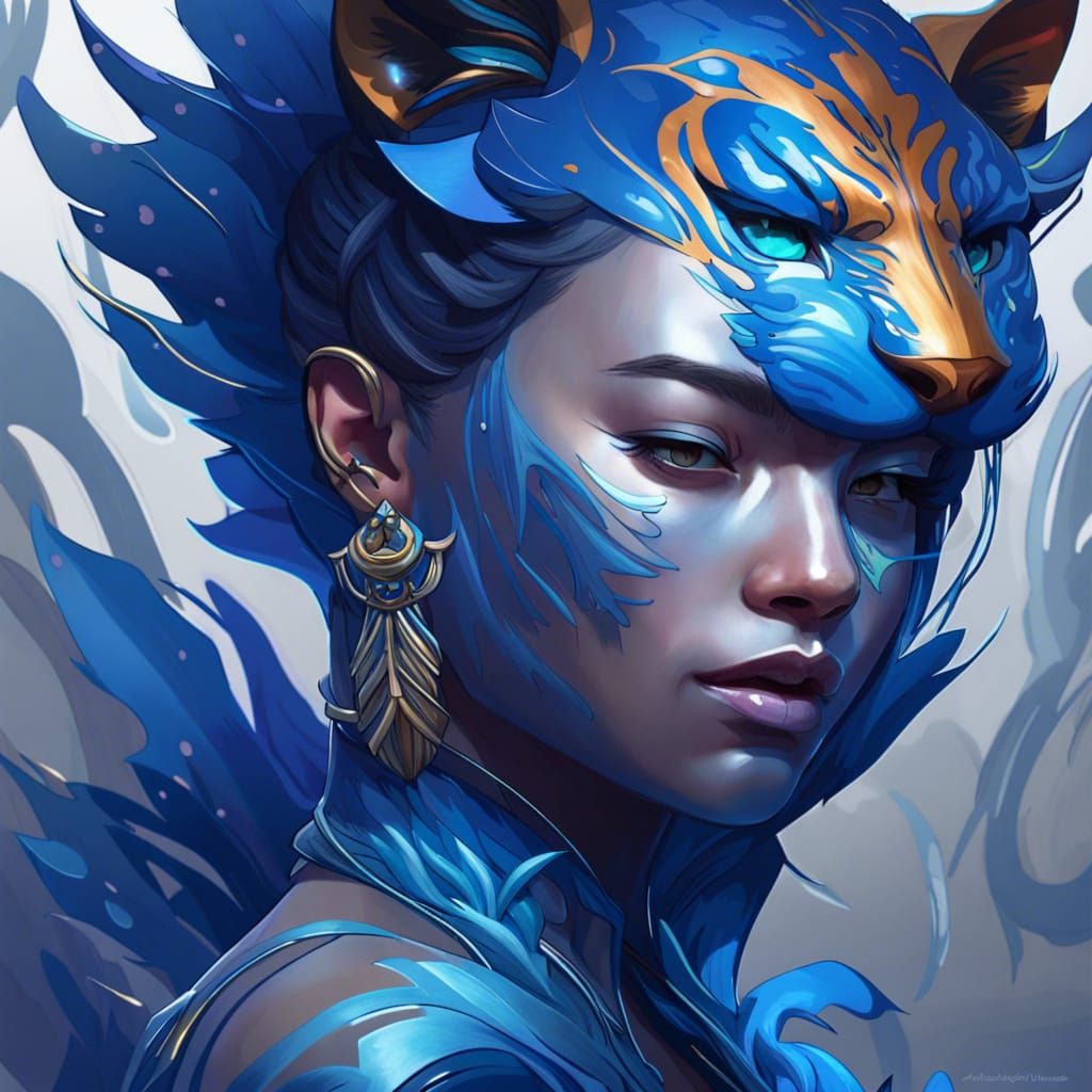 Blue Orchid Phoenix Tiger Portrait in Hyperdetailed Style