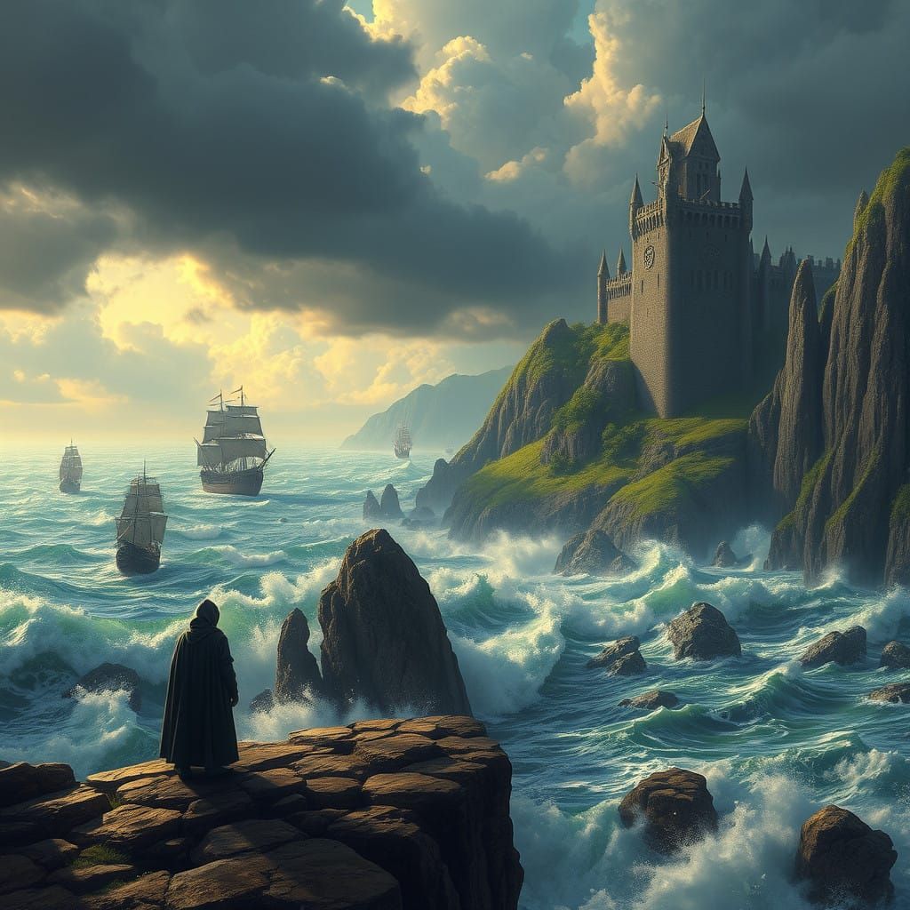 Majestic Coastal Kingdom with Ancient Castles and Sailing Sh...