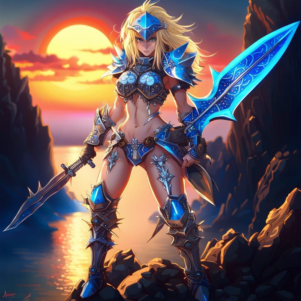 Anime Warrior in Bikini Armor at Sunset