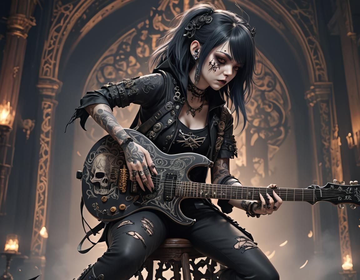 Gothic Anime Death Metal Guitarist in 3D Concept Art