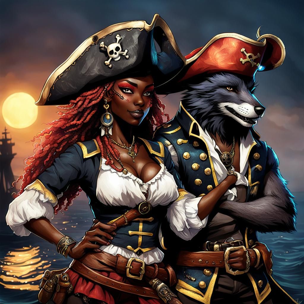 Ebony Fox Girl Cuddled by Werewolf Pirate