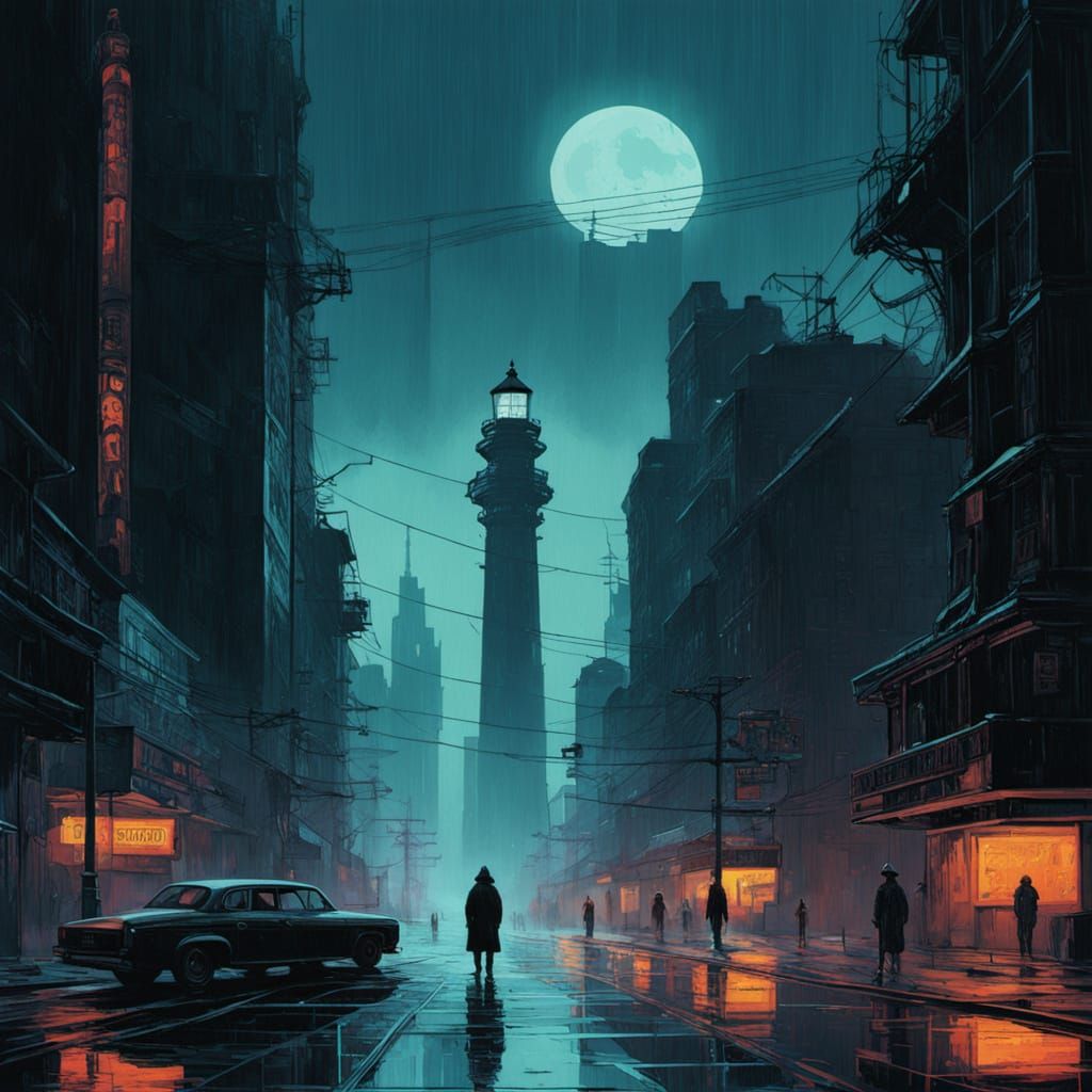 Cyberpunk Metropolis at Dusk: Leuchtturm's Haunting Sentinel