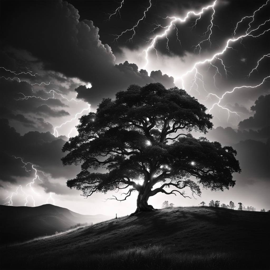 Dramatic Black and White Tree Scene with Thunderstorms