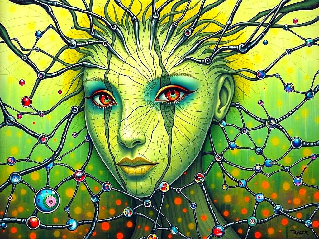 Surreal Goddess Emerges from Vibrant, Geometric Patterns