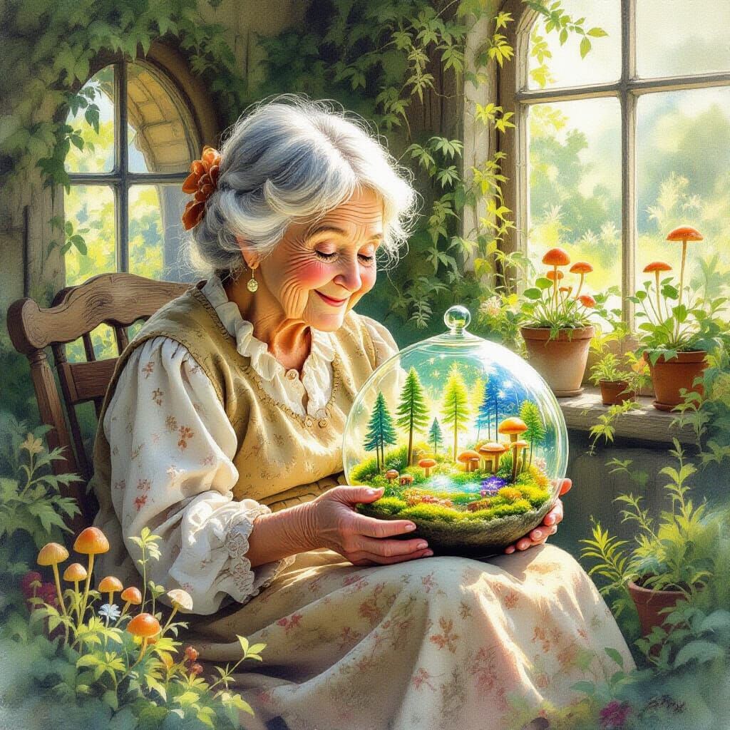 Whimsical Old Woman Tends Bioluminescent Forest in Garden