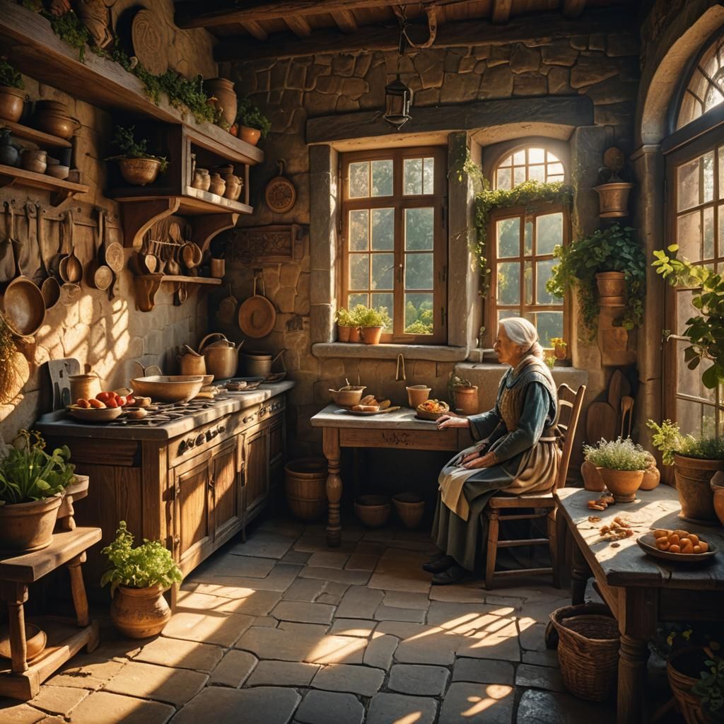 Serene Medieval Kitchen with Garden View