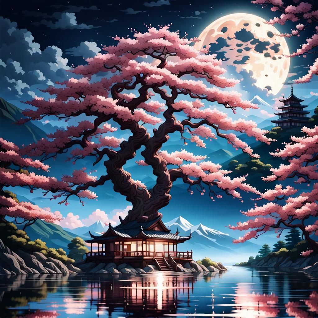 Sakura Tree Reflecting Moon in Lake: Dark Academia