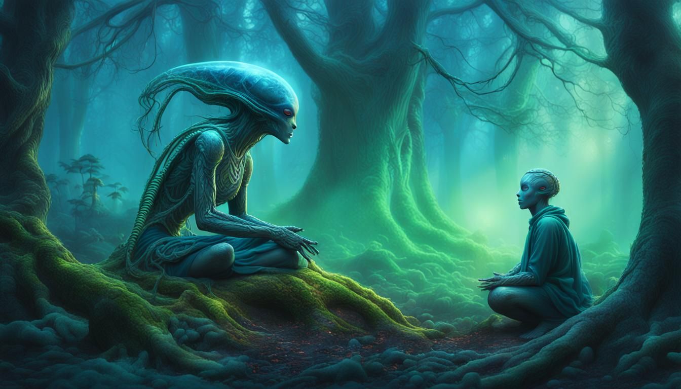 Alien Meditating in Misty Forest: Fantasy Concept Art