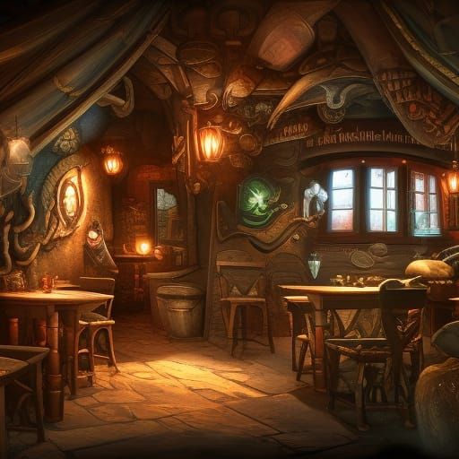 Fantasy Medieval Tavern Interior with Goblin