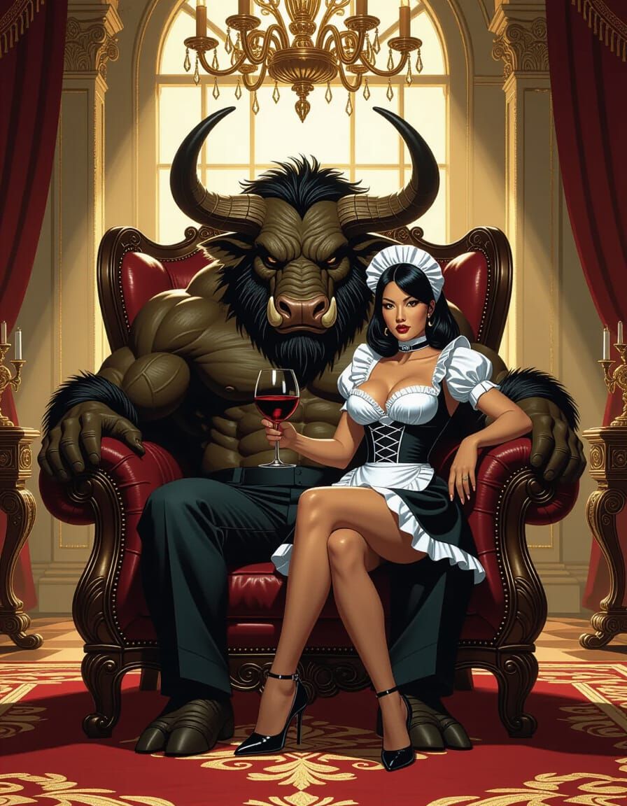Minotaur and Psylocke in Opulent Mansion Dining Room