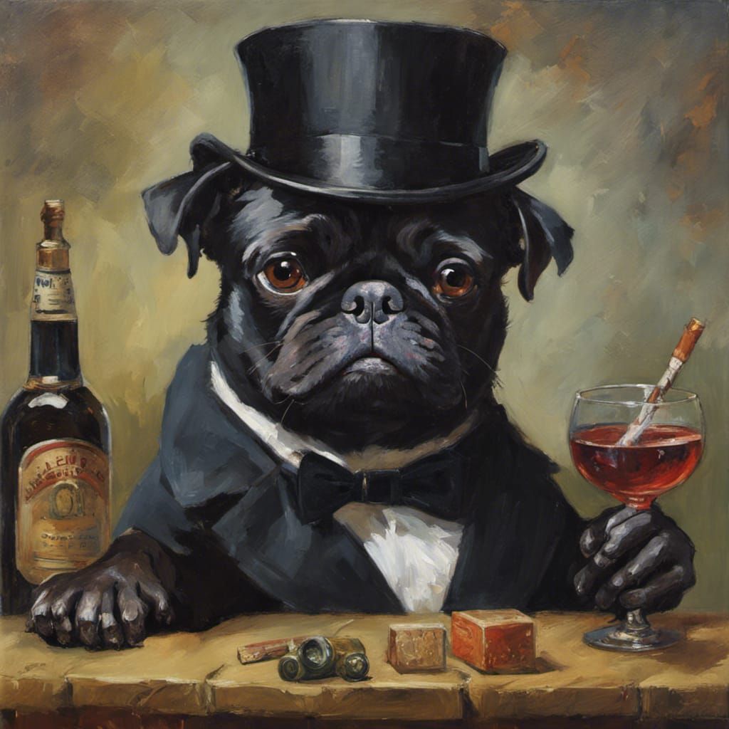 Pug Gentleman Enjoying Scotch, Oil Painting Style