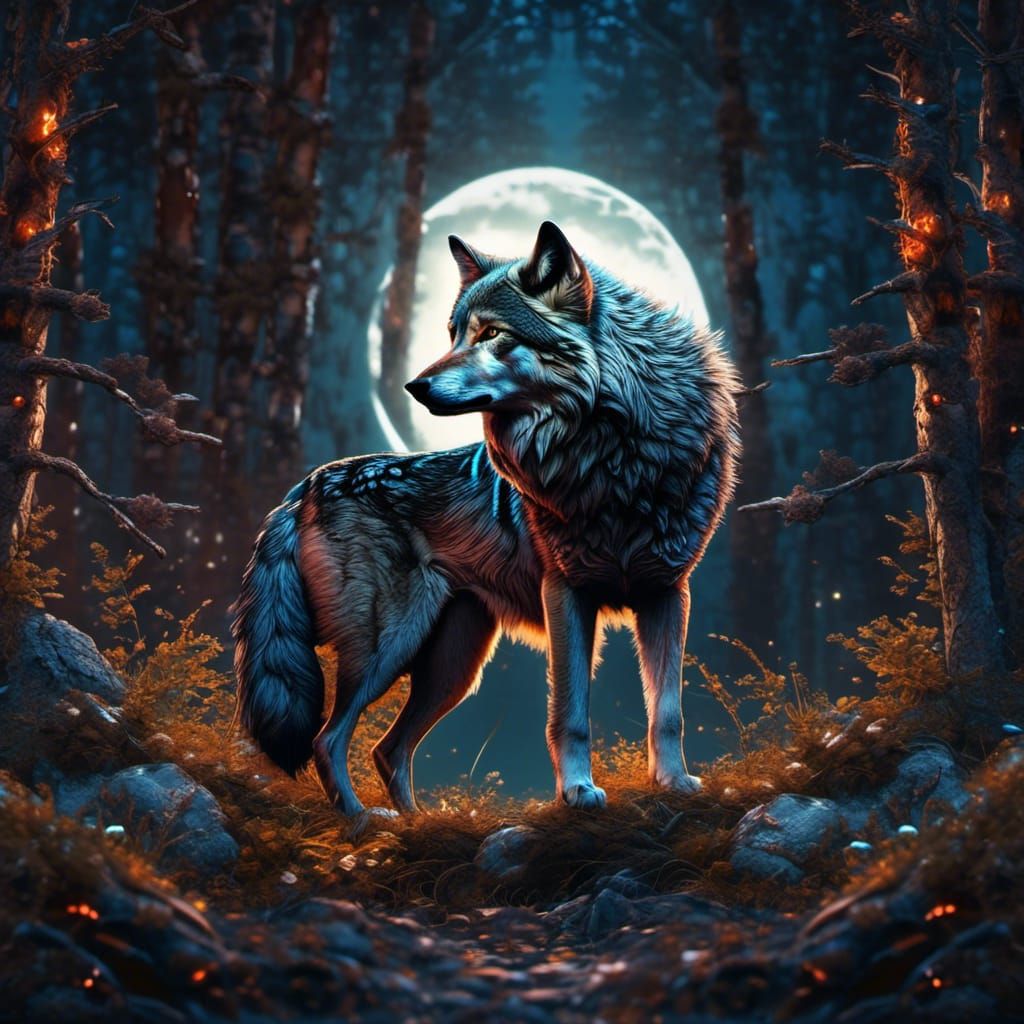 Lone Wolf in Moonlit Forest: Hyperrealistic 16k