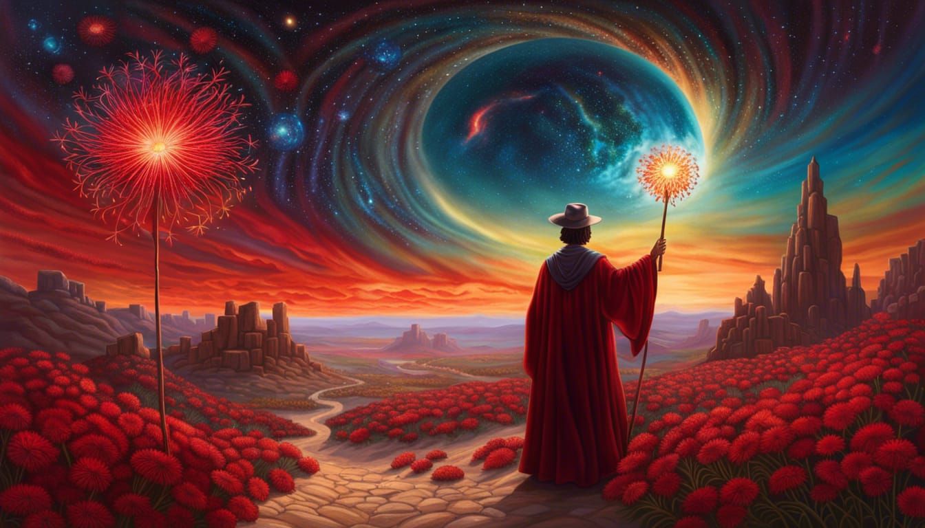 Cosmic Dandelion Mage in Desert Oasis