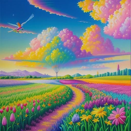 Colorful Flowers Field in Lisa Frank Style