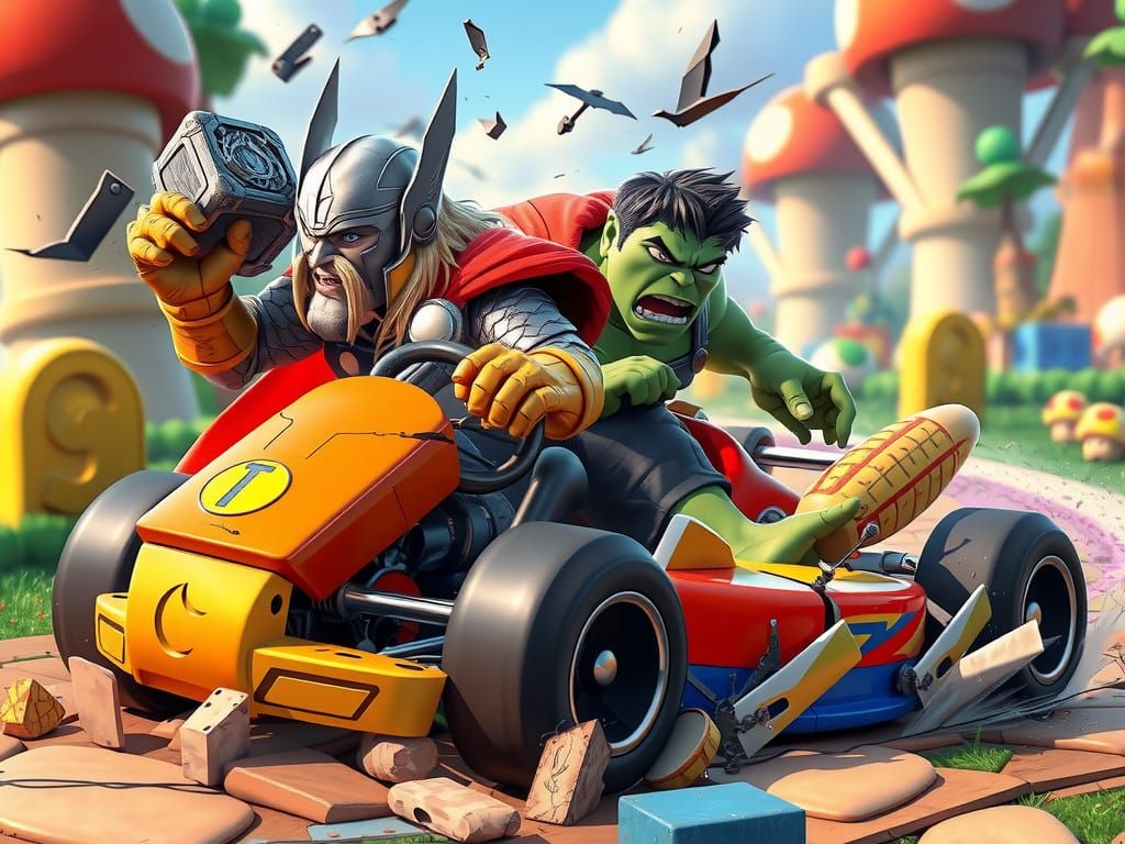 Thor and Hulk Crash in Vibrant Mushroom Kingdom