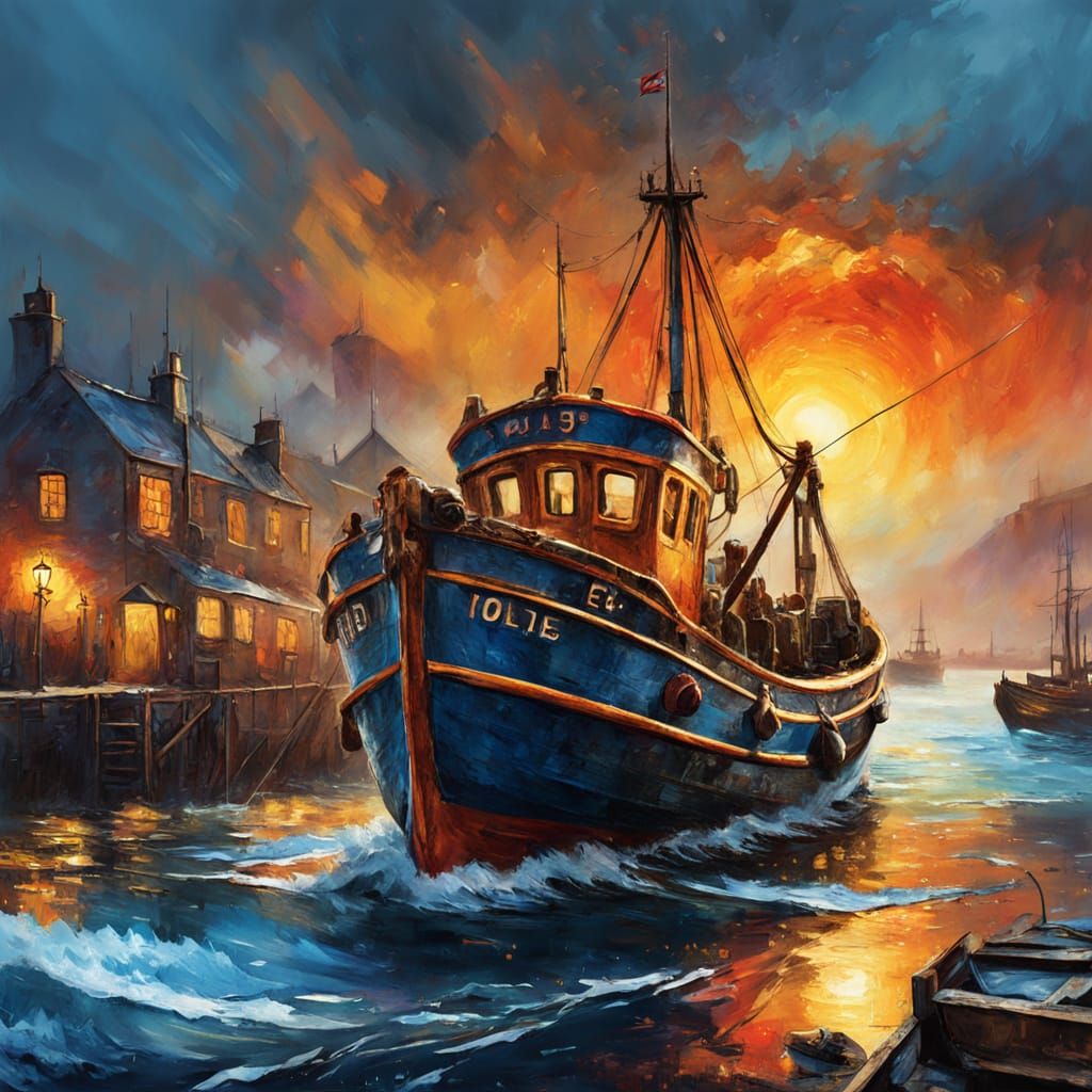Vibrant Scottish Harbour Scene in Hyper-Impasto Style