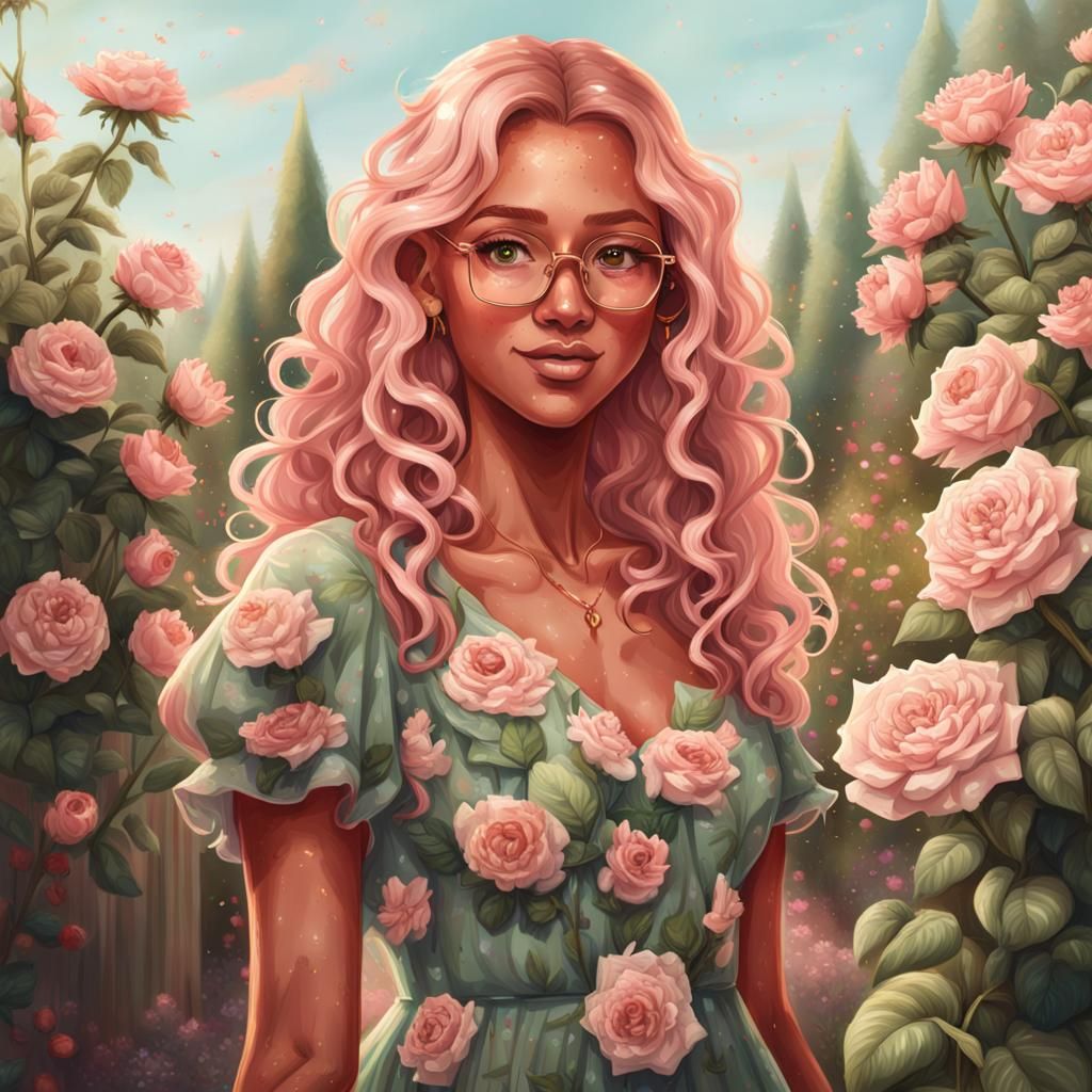 Girl with Pink Hair in Flower Garden