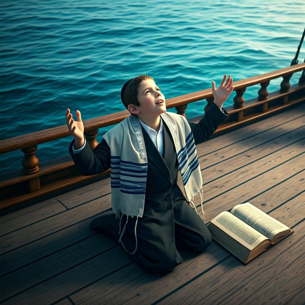 Boy in Prayer on Sailing Ship, Hyperrealistic Digital Art