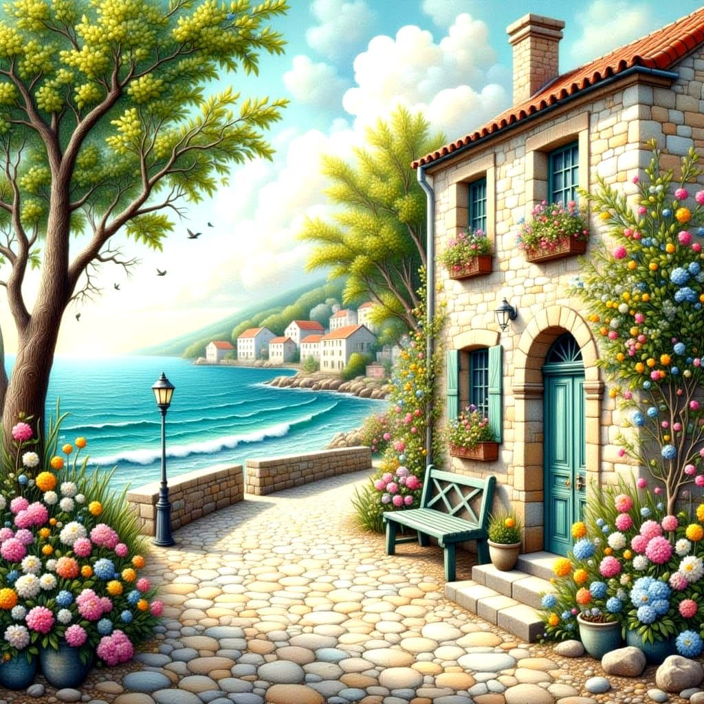 Ancient Seaside Village in Pastel Hues