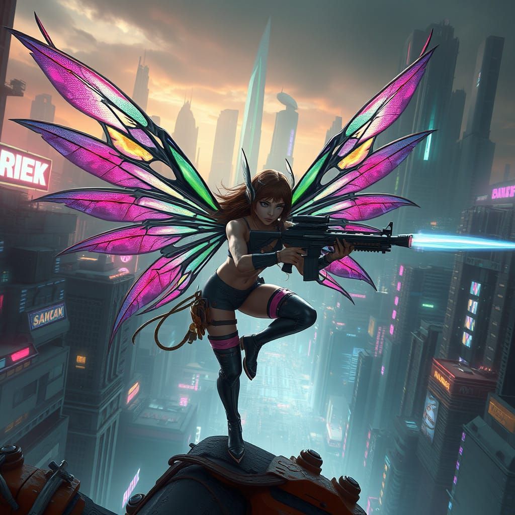 Cyberpunk Fairy Mercenary in Futuristic Dystopia