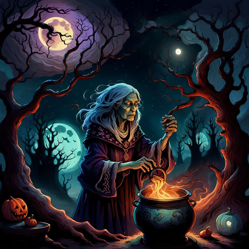 Moonlit Witch Brews Potion: Dark Fantasy Art
