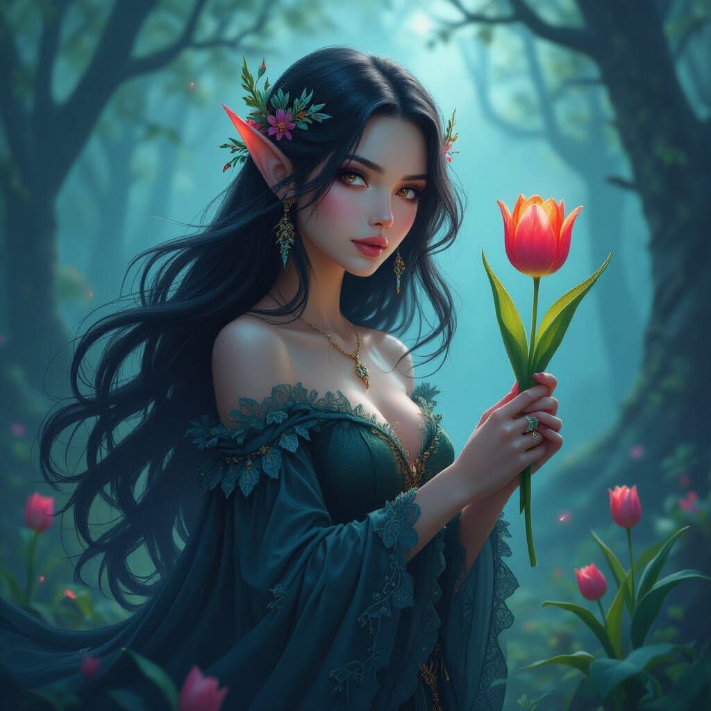 Ethereal Dark Fairy with Tulip in Enchanted Forest