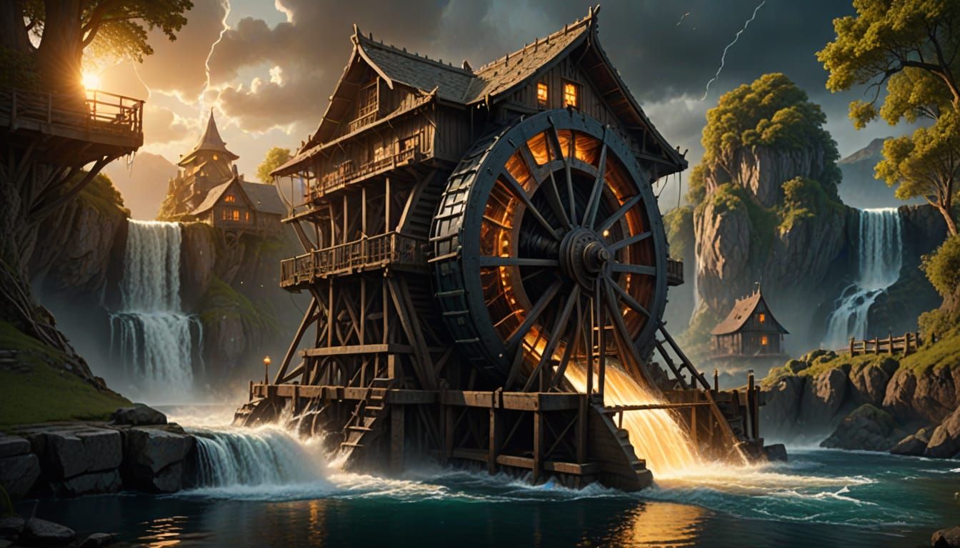 Epic Waterwheel Digital Painting of Mysterious Dwarf Home