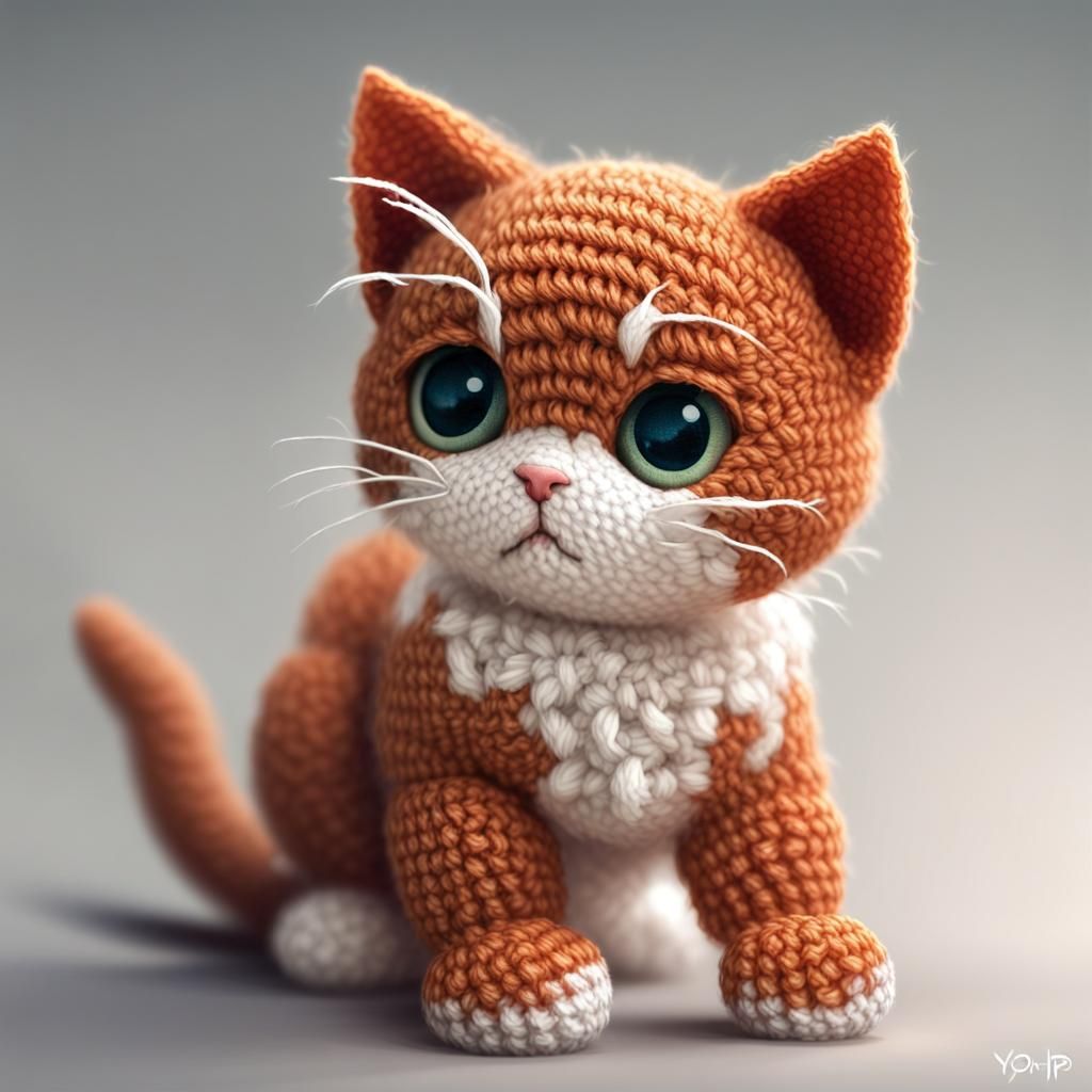 Photorealistic Crochet Kitten Cub, Digital Art
