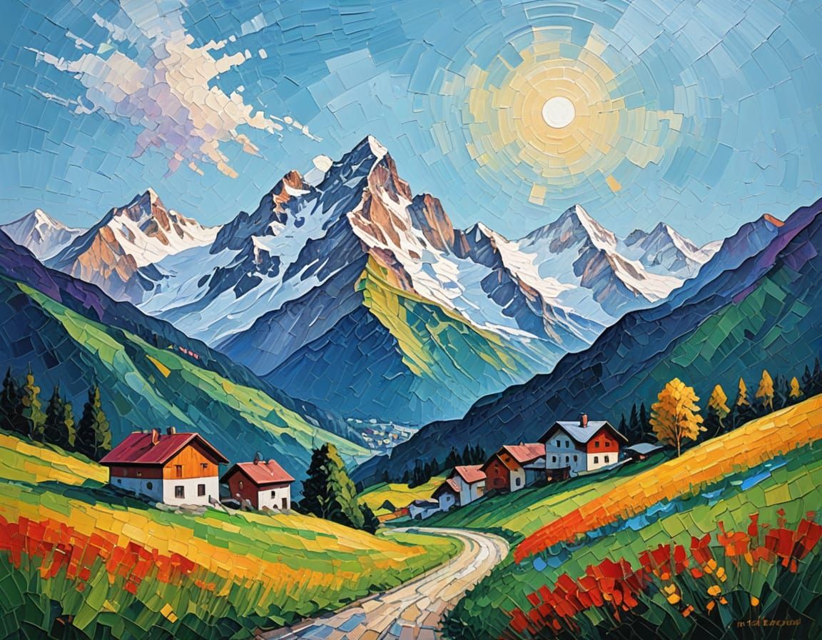 Vivid Neo-Impressionist Swiss Alps at Sunset